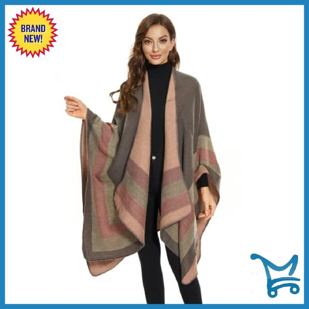 Oversized Knitted Poncho Shawl Wrap Cape Cardigan Wearable Blanket - Picture 6 of 8